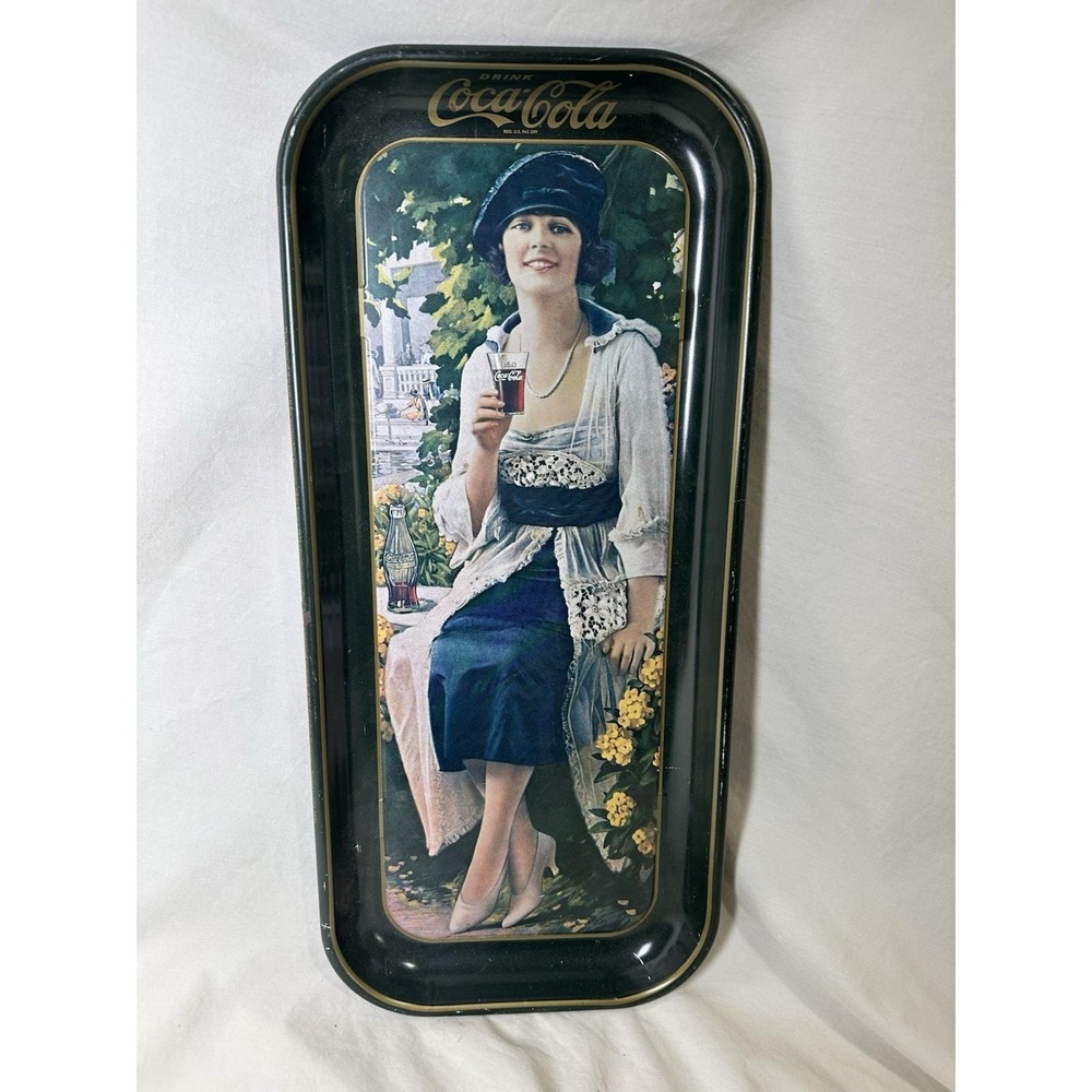 Vintage Coca Cola Serving Tray Flapper Girl Tin Metal Green‎ 19" x 9"